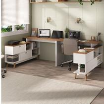 Kit 2 Mesas para Escritório Escrivaninha em L Retrô 136x120cm Branco/nogal Kit 2 Mesas para Escritório Escrivaninha em L Retrô 136x120cm Branco/nogal