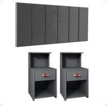 Kit 2 Mesinhas Gaveta Prateleira Suspensa Cléo Cabeceira Estofada Suede Júlia Cama Casal 1,40 Cinza Quarto - RPM