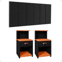 Kit 2 Mesinhas Gaveta Prateleira Suspensa Cléo Cabeceira Estofada Suede Júlia Cama Casal 1,40 Quarto Preto/Cinamomo - RPM