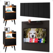 Kit 2 Mesinhas Gavetas Painel Preto/Cinamomo Tv 32 Polegadas Prateleira Cabeceira Suede Almofadada Cama Box King Size 1,95 - Lojas RPM Kit 2 Mesinhas Gavetas Painel Preto/Cinamomo Tv 32 Polegadas Prateleira Cabeceira Suede Almofadada Cama Box King Size 1,95 - Lojas RPM