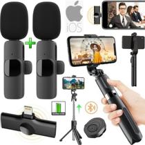 Kit 2 Microfone Sem Fio iPhone Duplo + Bastão Suporte Estabilizador Controle Filmagem Vídeo
