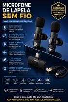 Kit 2 Microfones de Lapela Recarregaveis Sem Fio USBC Áudio Profissional Plug Play Kit 2 Microfones de Lapela Recarregaveis Sem Fio USBC Áudio Profissional Plug Play