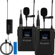 Kit 2 Microfones Lapela Sem Fio Leson LS304 P10 Para Live Aula Podcast Preto