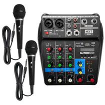 Kit 2 Microfones + Mesa De Som Mixer 4 Canais Bluetooth Mxt Mx-4bt