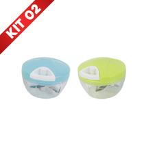 Kit 2 Mini Processador Manual 500ml 3 Lâminas Inox Triturador de Alimentos Alho Corda Retrátil Multiuso