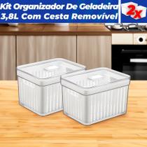 Kit 2 Organizador de Geladeira 3,8 Litros Cesto Com Tampa Multiuso Alimentos Verduras e Vegetais
