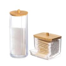 Kit 2 Organizadores Banheiro Porta Cotonete Algodão Suporte Armazenamento Higiene Tampa De Bambu