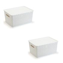 Kit 2 Organizadores Rattan Grande Branco Com Tampa 36CM - Plasnorthon