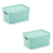 Kit 2 Organizadores Rattan Grande Cesto Verde Com Tampa 36Cm