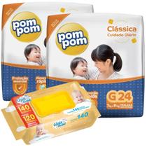 Kit 2 Pacotes Fraldas Pompom Classica P M G XG e 140un Toalhas Umedecidas Lenço Umedecido Upa Bebê
