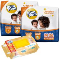 Kit 2 Pacotes Fraldas Pompom Classica P M G XG e 140un Toalhas Umedecidas Lenço Umedecido Upa Bebê