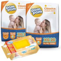 Kit 2 Pacotes Fraldas Pompom Classica P M G XG e 140un Toalhas Umedecidas Lenço Umedecido Upa Bebê Kit 2 Pacotes Fraldas Pompom Classica P M G XG e 140un Toalhas Umedecidas Lenço Umedecido Upa Bebê