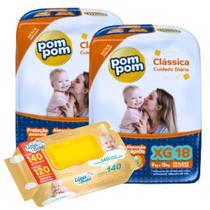 Kit 2 Pacotes Fraldas Pompom Classica P M G XG e 140un Toalhas Umedecidas Lenço Umedecido Upa Bebê
