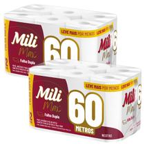 Kit 2 Pacotes Papel Higiênico Folha Dupla Mili 12 Rolos com 60 Metros Max Neutro / Super Macio - Kit 1,440 Km de Papel