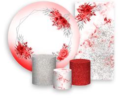 Kit 2 Painéis De Festa + Trio Capa Cilindro - Floral Efeito Mármore Vermelho 016 Kit 2 Painéis De Festa + Trio Capa Cilindro - Floral Efeito Mármore Vermelho 016