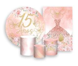 Kit 2 Painéis De Festa + Trio De Capas Cilindro - 15 Anos Flores E Borboletas 091 Kit 2 Painéis De Festa + Trio De Capas Cilindro - 15 Anos Flores E Borboletas 091