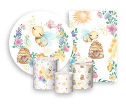Kit 2 Painéis De Festa + Trio De Capas Cilindro - Abelhinha Aquarela Cute 001 Kit 2 Painéis De Festa + Trio De Capas Cilindro - Abelhinha Aquarela Cute 001
