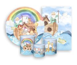 Kit 2 Painéis De Festa + Trio De Capas Cilindro - Arca de Noé Arco-Íris Animais 001