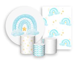 Kit 2 Painéis De Festa + Trio De Capas Cilindro - Arco-Íris Boho Azul 001