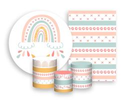 Kit 2 Painéis De Festa + Trio De Capas Cilindro -Arco-Íris Boho Rosado 002