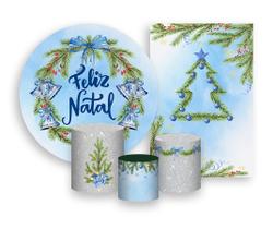 Kit 2 Painéis De Festa + Trio De Capas Cilindro - Árvore de Natal Azul Guirlanda 006