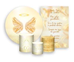 Kit 2 Painéis De Festa + Trio De Capas Cilindro - Asas Douradas Batizado 001 Kit 2 Painéis De Festa + Trio De Capas Cilindro - Asas Douradas Batizado 001