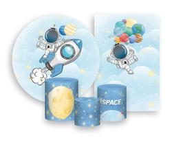 Kit 2 Painéis De Festa + Trio De Capas Cilindro - Astronauta Foguete Galáxia Cute 002 Kit 2 Painéis De Festa + Trio De Capas Cilindro - Astronauta Foguete Galáxia Cute 002