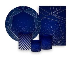 Kit 2 Painéis De Festa + Trio De Capas Cilindro - Azul Geométrico Prateado Efeito Glitter 002