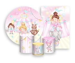 Kit 2 Painéis De Festa + Trio De Capas Cilindro - Bailarina E Palhacinha Rosa Candy 012