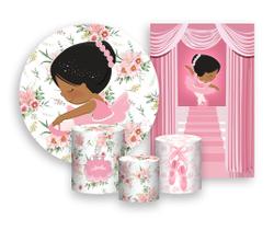 Kit 2 Painéis De Festa + Trio De Capas Cilindro - Bailarina Liso Rosa Floral 009