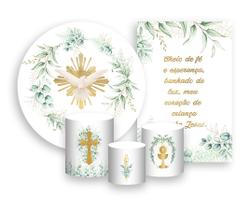 Kit 2 Painéis De Festa + Trio De Capas Cilindro - Batizado Crisma Folhagens 013 Kit 2 Painéis De Festa + Trio De Capas Cilindro - Batizado Crisma Folhagens 013