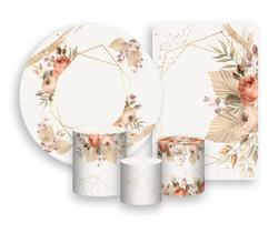 Kit 2 Painéis De Festa + Trio De Capas Cilindro - Bege Floral 036 Kit 2 Painéis De Festa + Trio De Capas Cilindro - Bege Floral 036