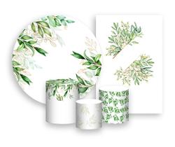 Kit 2 Painéis De Festa + Trio De Capas Cilindro - Belas Folhagens Verdes 042