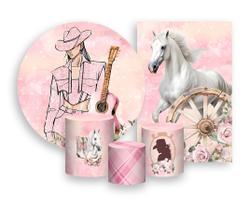 Kit 2 Painéis De Festa + Trio De Capas Cilindro - Boiadeira Rosa Roupas Efeito Brilho 014