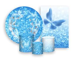 Kit 2 Painéis De Festa + Trio De Capas Cilindro - Borboleta Brilhante Efeito Glitter Azul 009 Kit 2 Painéis De Festa + Trio De Capas Cilindro - Borboleta Brilhante Efeito Glitter Azul 009