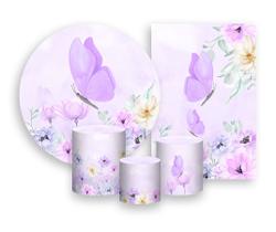 Kit 2 Painéis De Festa + Trio De Capas Cilindro - Borboleta Campo de Flores Lilás 020 Kit 2 Painéis De Festa + Trio De Capas Cilindro - Borboleta Campo de Flores Lilás 020