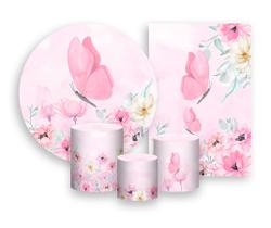 Kit 2 Painéis De Festa + Trio De Capas Cilindro - Borboleta Campo de Flores Rosa 019 Kit 2 Painéis De Festa + Trio De Capas Cilindro - Borboleta Campo de Flores Rosa 019