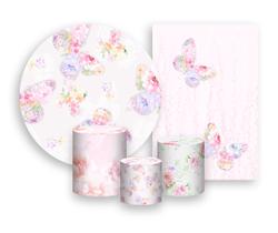 Kit 2 Painéis De Festa + Trio De Capas Cilindro - Borboleta Floral Rosa e Lilás 018