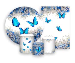 Kit 2 Painéis De Festa + Trio De Capas Cilindro - Borboletas Azul Floral 003 Kit 2 Painéis De Festa + Trio De Capas Cilindro - Borboletas Azul Floral 003