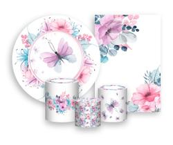Kit 2 Painéis De Festa + Trio De Capas Cilindro - Borboletas e Flores Rosa e Lilás 002 Kit 2 Painéis De Festa + Trio De Capas Cilindro - Borboletas e Flores Rosa e Lilás 002