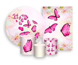 Kit 2 Painéis De Festa + Trio De Capas Cilindro - Borboletas Rosa Pink 004 Kit 2 Painéis De Festa + Trio De Capas Cilindro - Borboletas Rosa Pink 004