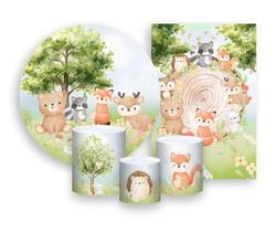 Kit 2 Painéis De Festa + Trio De Capas Cilindro - Bosque Bege Animais Cute 005 Kit 2 Painéis De Festa + Trio De Capas Cilindro - Bosque Bege Animais Cute 005