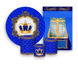 Kit 2 Painéis De Festa + Trio De Capas Cilindro - Capitonê Coroa Realeza Azul 002 Kit 2 Painéis De Festa + Trio De Capas Cilindro - Capitonê Coroa Realeza Azul 002