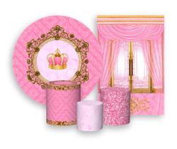 Kit 2 Painéis De Festa + Trio De Capas Cilindro - Capitonê Coroa Realeza Rosa 001