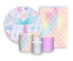 Kit 2 Painéis De Festa + Trio De Capas Cilindro - Cauda Sereia Candy 006