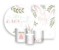 Kit 2 Painéis De Festa + Trio De Capas Cilindro - Chá de Bebê It's a Girl Floral 028 Kit 2 Painéis De Festa + Trio De Capas Cilindro - Chá de Bebê It's a Girl Floral 028