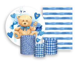 Kit 2 Painéis De Festa + Trio De Capas Cilindro - Chá de Bebê Ursinho Azul 007
