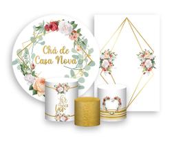 Kit 2 Painéis De Festa + Trio De Capas Cilindro - Chá de Casa Nova Geométrico Flores Dourado 001 Kit 2 Painéis De Festa + Trio De Capas Cilindro - Chá de Casa Nova Geométrico Flores Dourado 001