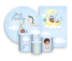 Kit 2 Painéis De Festa + Trio De Capas Cilindro - Chá de Fraldas Menino Azul 018 Kit 2 Painéis De Festa + Trio De Capas Cilindro - Chá de Fraldas Menino Azul 018
