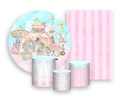 Kit 2 Painéis De Festa + Trio De Capas Cilindro - Circo Clássico Rosa Suave 023